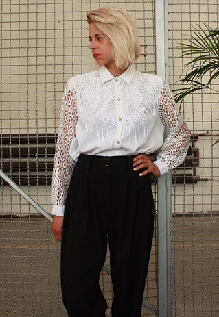 VINTAGE 80' UNIQUE ELEGANT WHITE SHIRT WITH BEAUTIFUL FRONT