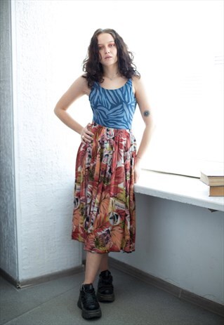 VINTAGE 80'S MULTICOLOUR PATTERNED MIDI VISCOSE SKIRT