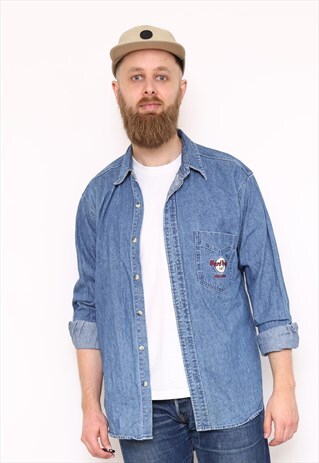 VINTAGE HARD ROCK CAFE EMBROIDERED BLUE DENIM SHIRT