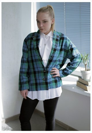 VINTAGE 80'S BLUE/GREEN CHECK LONG SLEEVES JACKET