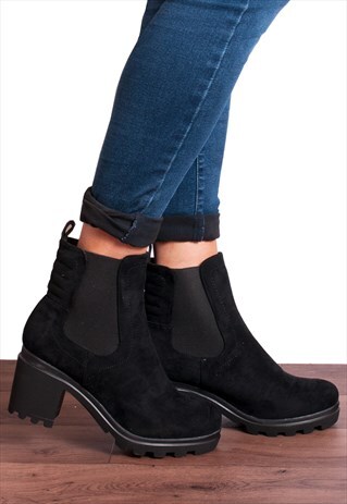 BLACK BLOCK HIGH HEELED FAUX SUEDE CHUNKY CHELSEA ANKLE BOOT