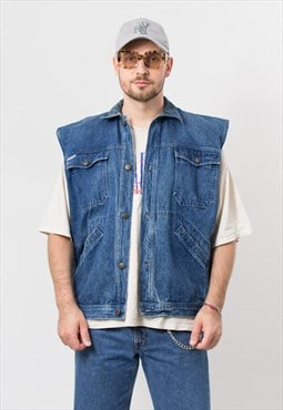 Vintage 80's denim vest leather collar sleeveless jacket