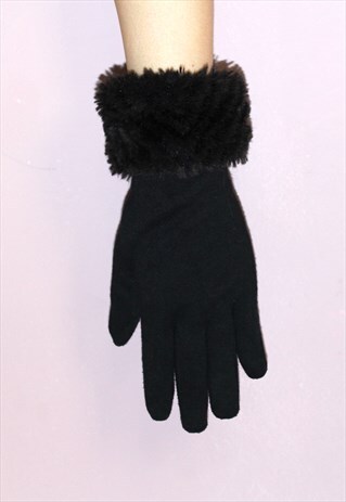 VINTAGE BLACK FUR DETAIL WOOL GLOVES