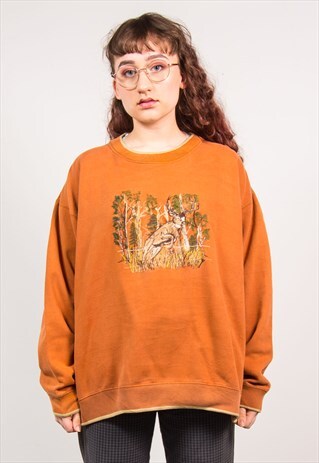VINTAGE 90'S ORANGE STAG EMBROIDERED SWEATSHIRT