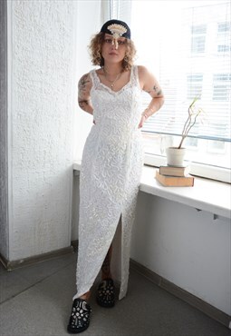 Vintage 80's White Lace Sequin Maxi Wedding Dress
