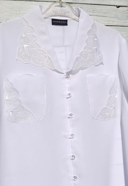Vintage white short sleeved shirt with embroidered organza 
