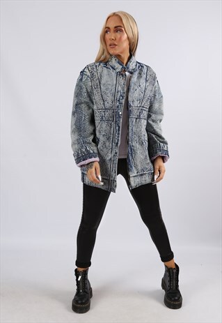 VINTAGE 90'S ACID WASH DENIM BOMBER JACKET S / M (J51Q)