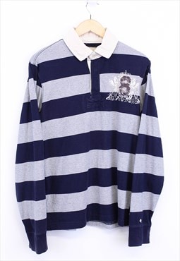 Vintage Rugby Top Navy Grey Striped With Chest Logo 90s 