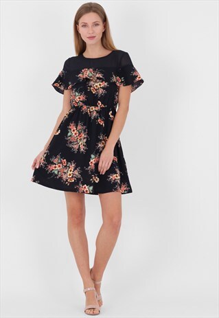 BLACK MULTI FLORAL PRINT SHORT SLEEVE MESH TOP MINI DRESS