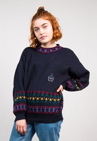 90'S VINTAGE NAVY BLUE BRIGHT PATTERN KNIT JUMPER