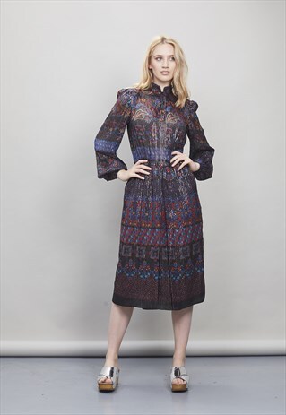VINTAGE 70'S METALLIC MIDI FLORAL DRESS