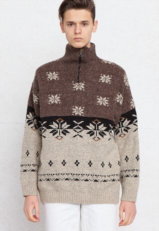 VINTAGE BROWN TURTLE NECK 1/4 ZIP KNIT JUMPER SWEATER