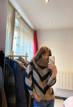 Vintage Crochet Knit Brown Black Y2K Jumper Long Sleeve