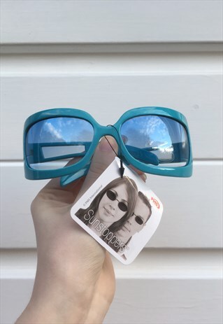 WOMENS VINTAGE 90S Y2K SUNGLASSES BLUE RECTANGLE GLASSES