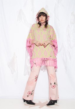 Vintage Y2K Neon Argyle Poncho in Pink and Green