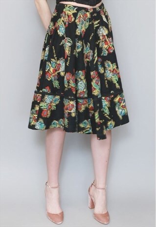 VINTAGE 1950'S PICKLE PRINT BLACK MIDI SKIRT