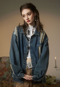 Ripped denim jacket retro distressed jean bomber grunge coat