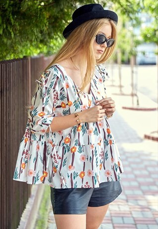 FLORAL PRINT SMOCK BLOUSE