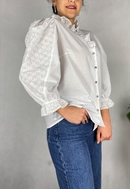 80s Ruffled Broderie Anglaise Traditional Austrian Blouse