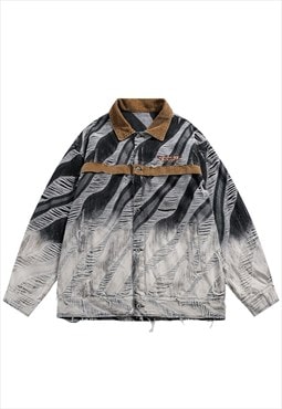 Ripped denim jacket distressed stripe jean varsity coat grey