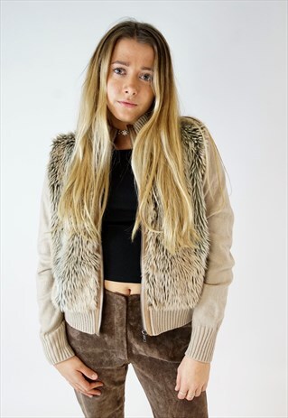 VINTAGE 90S / 00S /Y2K FAUX FUR ZIP UP BEIGE CARDIGAN