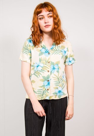 VINTAGE 90'S CREAM & BLUE FLORAL HAWAIIAN STYLE SHIRT