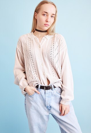80'S RETRO KNITTED NEUTRAL OVERSIZED CARDIGAN TOP