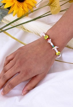 Smiley Face Pearl Beaded Bracelet 90s Y2K Jewellery