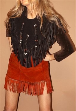 Vintage 70s black fringed beaded cape native american concho