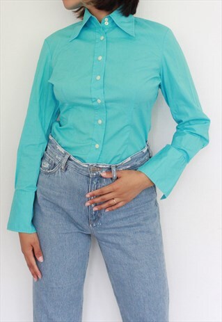 AQUA BLUE BIG COLLAR BLOUSE TOP