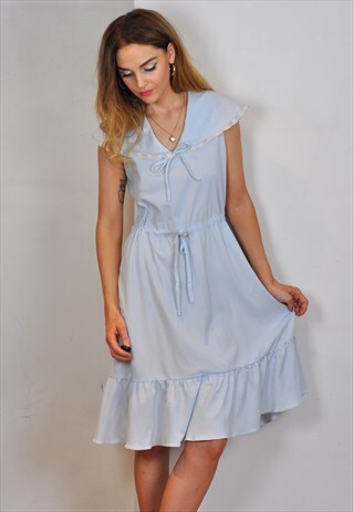 VINTAGE PASTEL BLUE SAILOR COLLAR MIDI DRESS