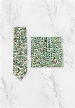 Green Cotton Floral Wedding Tie & Pocket Square Set