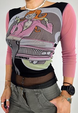 Vintage Y2k Top Mesh Graphic Print Layered Sheer Long Sleeve