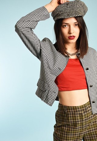 80'S RETRO PARIS CHIC CHECKED PRINT BLAZER JACKET