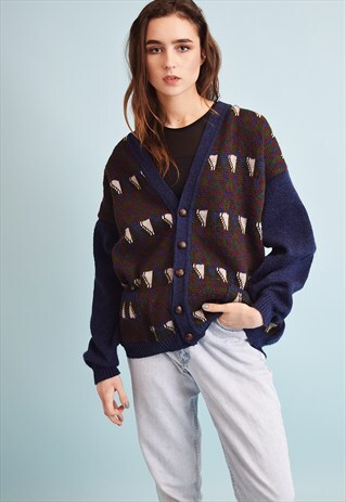 80'S OVERSIZED ABSTRACT PATTERN KNIT GRANDADS CARDIGAN TOP