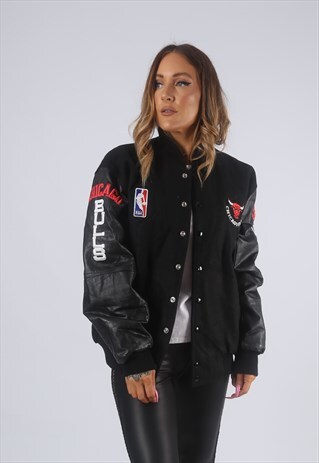 VINTAGE NBA LEATHER WOOL BOMBER JACKET BULLS 14 - 16 (G2H)