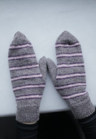 BROWN STRIPED HANDMADE KNITTED WOOL GLOVES