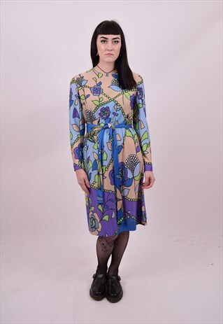 VINTAGE 70'S BLUE PURPLE FLOWER PRINT SHIFT DRESS SIZE 10 12