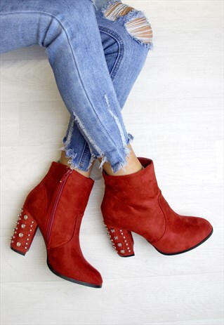 ANNABEL RED STUDDED BLOCK ANKLE BOOTS
