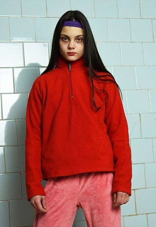 VINTAGE 90S 1/4 ZIP THIN FLEECE RED SWEATSHIRT JUMPER VTG