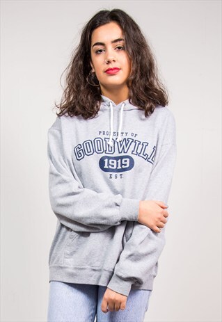 VINTAGE 90'S COLLEGE STYLE GREY HOODIE SWEATSHIRT