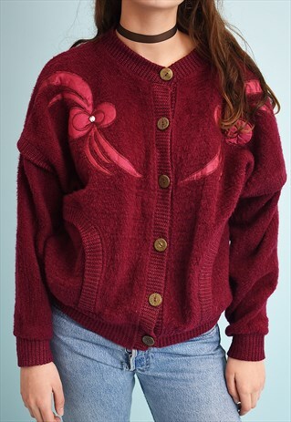 80'S RETRO EMBROIDERED MOMS KNIT SLOUCHY CARDIGAN