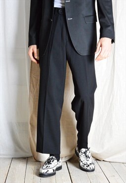 Vintage 90s Black Minimalist Wool Blend Formal Mens Pants
