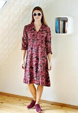 Burgundy red long sleeve leaves motive vintage dress