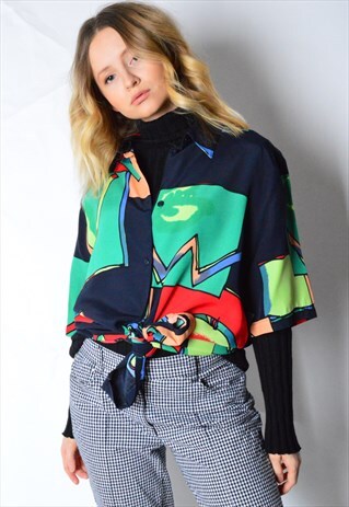 VINTAGE 80S COLOURFUL FLOWER SHORT SLEEVE SHIRT