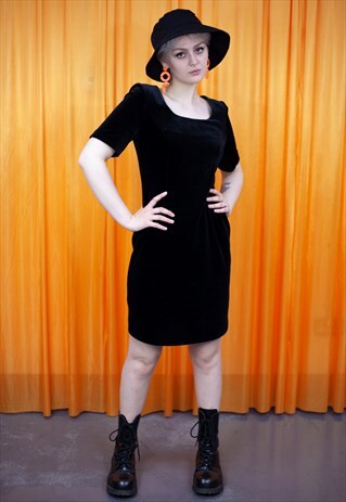VINTAGE 90S MINI DRESS BLACK VELVET SQUARE NECK SHORT SLEEVE