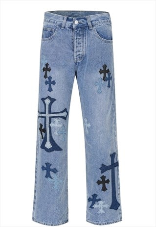 Cross patch jeans distressed grunge rapper denim pants blue