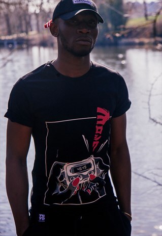 ORGANIC T-SHIRT BLACK RETRO PAGER BEEPER HAND JAPANESE MANGA