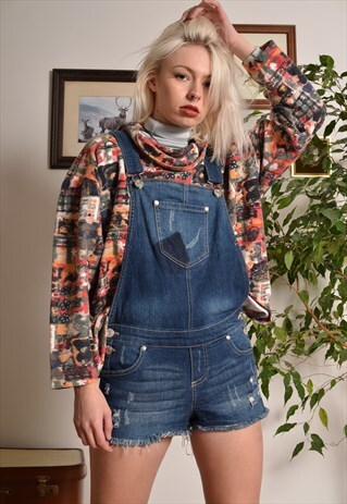 VINTAGE 90S SHORT DENIM DUNGAREES IN BLUE