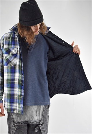 VINTAGE 90S CPO QUILTED BLUE/WHITE PLAID FLANNEL SHIRT